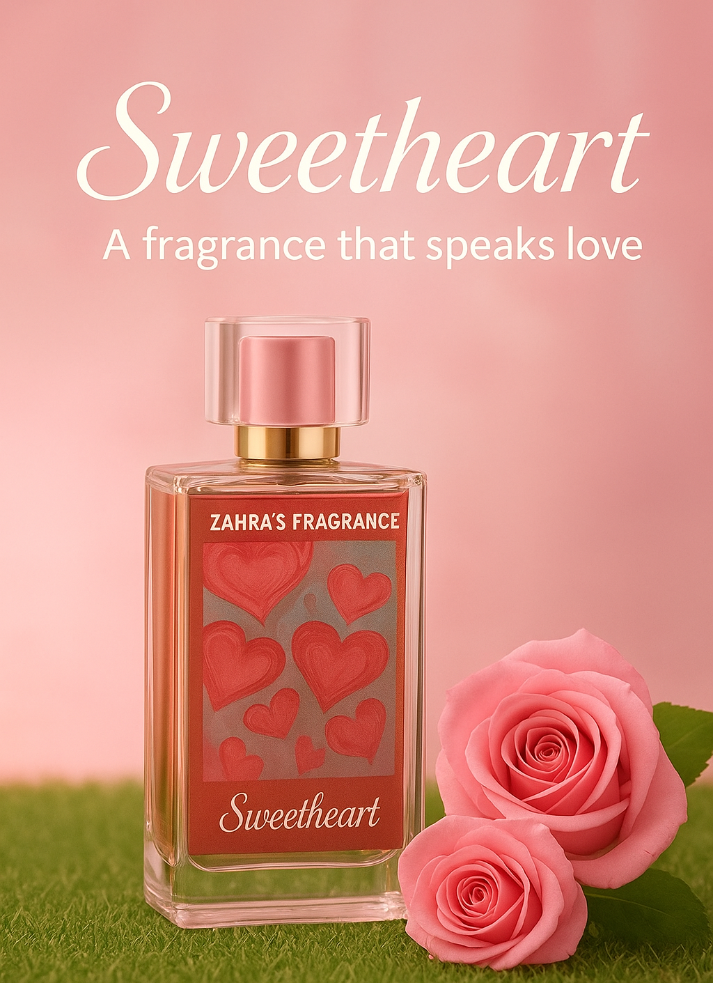 Zahra's Fragrance Sweetheart perfume bottle with pink hearts on a pink background